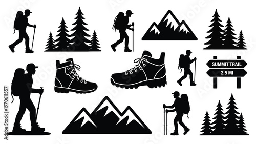 Hikers exploring mountain trails with backpacks and trekking poles surrounded by trees boots and summit trail signage in a clean vector illustration set