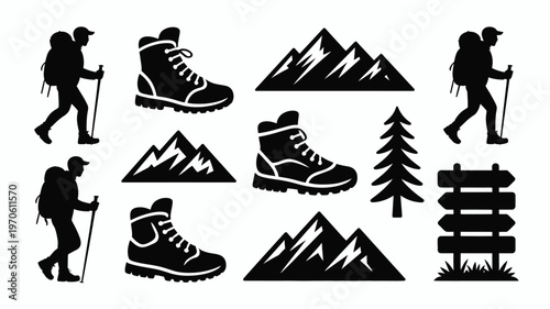 Hiking and outdoor exploration vector illustrations featuring silhouettes of hikers boots mountains trees and trail markers against a clean white background