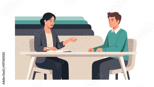 Business meeting: woman interviewer and man candidate sitting at desk, discussing job