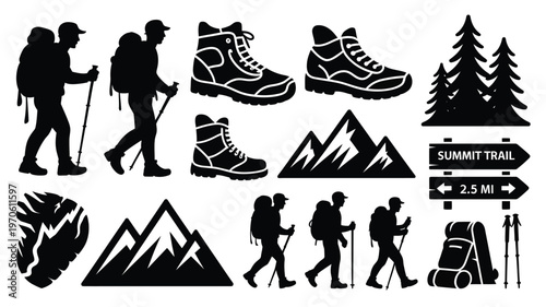 Hikers with backpacks and trekking poles exploring mountain trails illustrated with hiking boots trees and summit trail sign in a clean vector collection