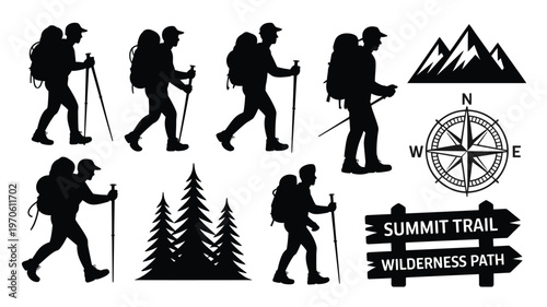 Hikers with backpacks and trekking poles explore mountain trails near trees guided by compass and summit trail signs in minimalist black silhouette style