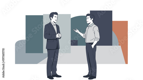 Two businessmen in suits talking in a modern abstract background