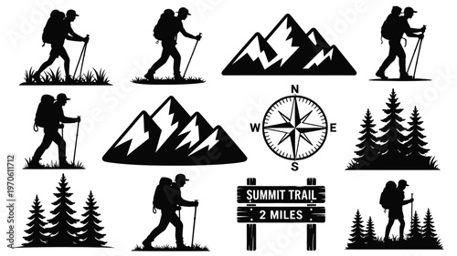 Hikers trekking with poles and compass silhouettes of mountain climbers trees trail sign vector illustration collection