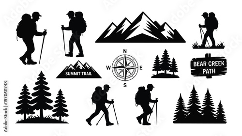 Silhouettes of hikers trekking through mountains and forests with compass and trail signs in a clean vector style
