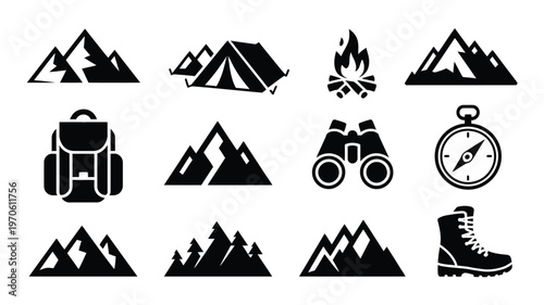 Black and white vector icons of camping gear including tent backpack binoculars compass and hiking boots with mountain and forest themes