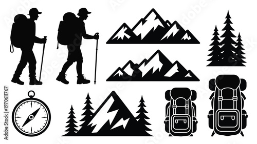 Hikers with backpacks and trekking poles explore rugged mountain trails surrounded by pine trees and compass clean vector illustration set