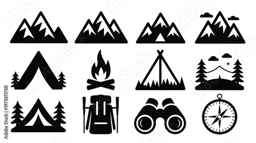 Silhouettes of mountains tents campfire backpack binoculars and compass for outdoor adventure concept