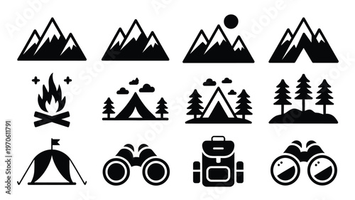 Black and white silhouettes of mountains camping tents binoculars and campfire with trees depicting outdoor adventure and nature exploration