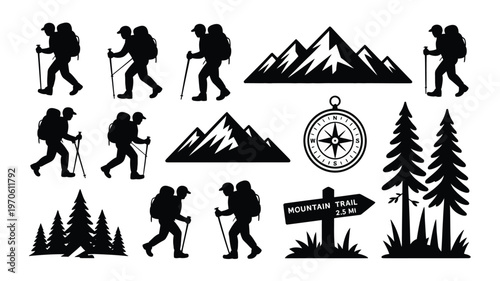 Silhouettes of hikers with backpacks and trekking poles exploring rugged mountain trails surrounded by pine trees compass and directional signs vector illustration collection