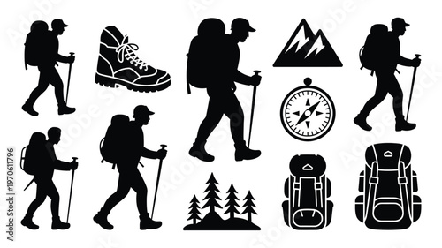 Hikers with backpacks boots compass and mountain symbols in black and white vector art