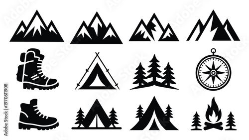 Silhouette icons of hiking boots tents campfire compass and mountain ranges for adventure and camping themes