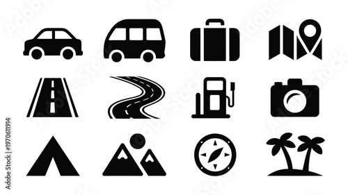 Black silhouette icons for travel and adventure including cars buses roads gas stations maps and camping symbols