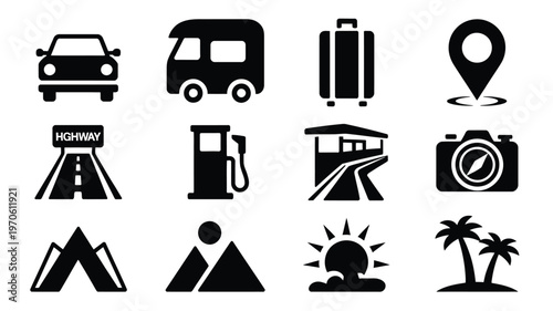 Road trip icon set featuring silhouettes of car camper van luggage map pin highway camera mountains and sunrise