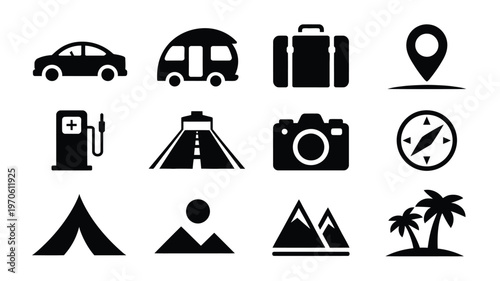 Black silhouette icons for road trip essentials including car camper van suitcase map gas station road camera compass tent sun mountains and palm tree