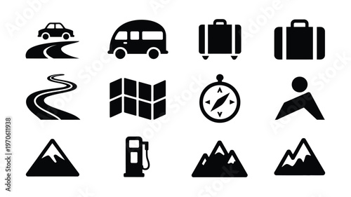 Minimalist vector icons depicting travel and adventure themes with a car campervan suitcases road map compass mountains and more in a clean modern style