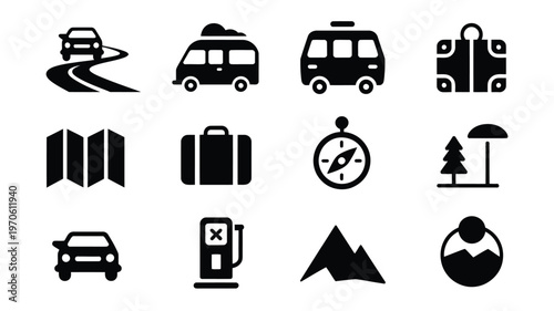 Minimalist black and white vector icons of travel and adventure elements including cars vans tents compass and mountains