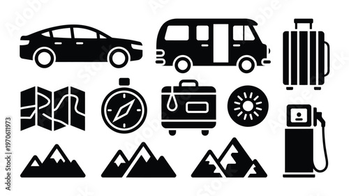 Vector illustration bundle featuring road trip essentials including sedan van luggage map compass and gas pump symbols