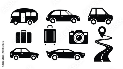 Assorted black vector icons of cars vans luggage camera map and road for travel and transport themes