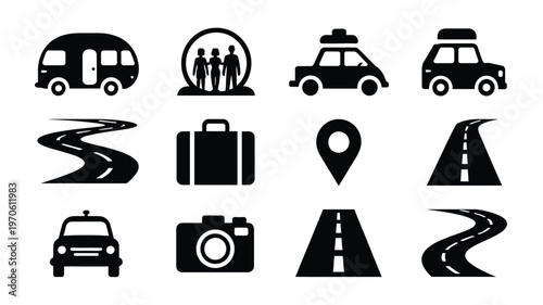 Black vector icons set featuring travel transportation and adventure themes with cars roads maps and luggage symbols