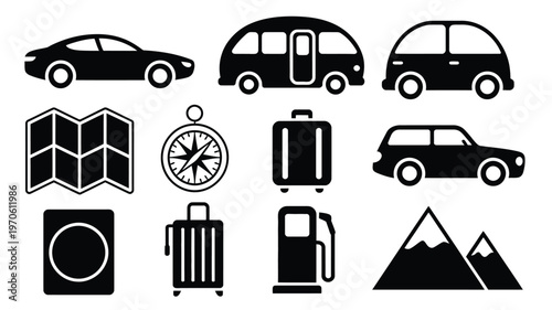 Flat vector travel icons featuring cars camper map compass suitcase gas pump and mountains for adventure and tourism designs