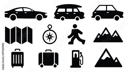 Black and white flat vector icons illustrating travel cars maps gas pump luggage compass hiking and mountains