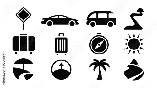 Minimalist black and white vector icons featuring travel navigation and outdoor adventure elements for clean design projects