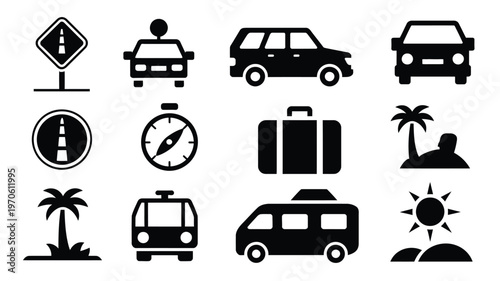 Minimalist black and white vector icons of cars buses vans traffic signs and travel essentials