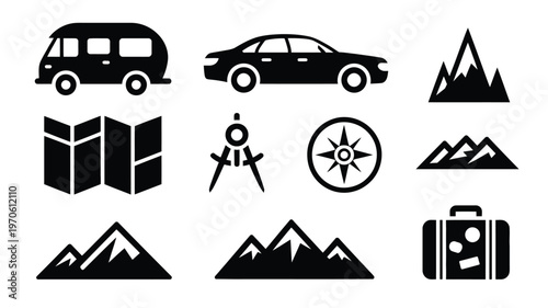 Minimalist vector icons of travel and adventure featuring a camper van car compass map mountains and luggage