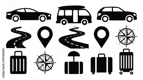 Black and white vector icons of cars vans compasses maps roads and luggage for travel and navigation themes
