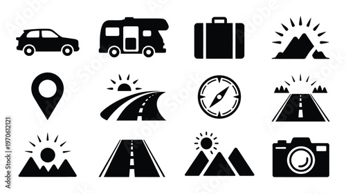 Road trip icons featuring a car rv suitcase mountains compass camera and map for travel adventures