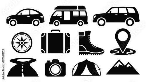 Collection of clean vector icons featuring cars vans travel gear compass boots map and outdoor symbols for adventure and exploration