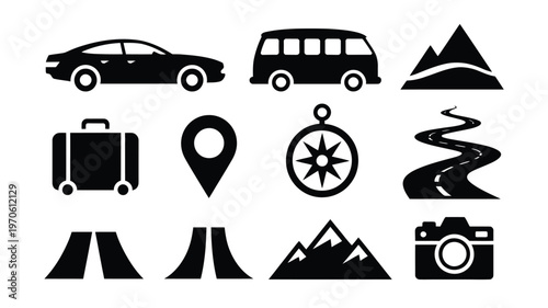 Black and white road trip icons featuring a car van luggage compass map pin and camera for travel planning