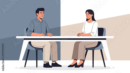 Two people sitting at a table, looking at each other, business meeting or interview concept