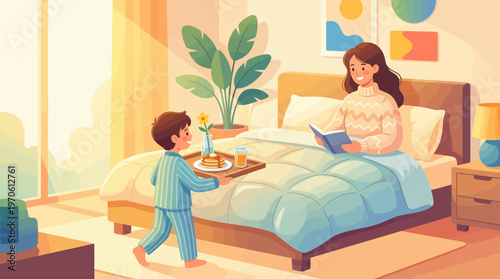 Boy Bringing Breakfast in Bed to Mother Illustration