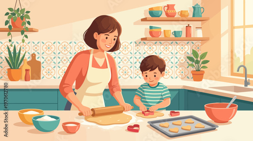 Mother and Son Baking Cookies Together in Sunny Kitchen