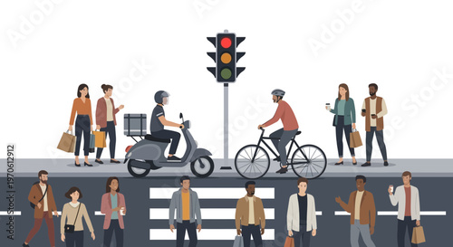 Busy City Street Crosswalk with Pedestrians and Cyclist
