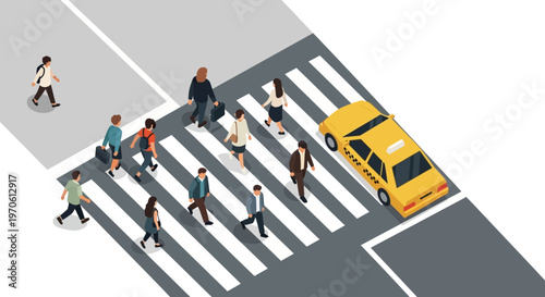 Isometric View of Pedestrians and Taxi on a Busy City Crosswalk