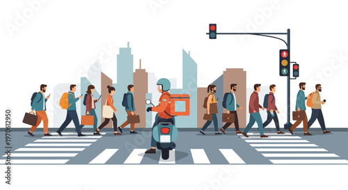 Busy Urban Street Scene with Pedestrians and Food Delivery Scooter