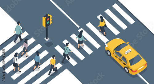 Isometric Urban Street Crossing with Pedestrians and Taxi Cab