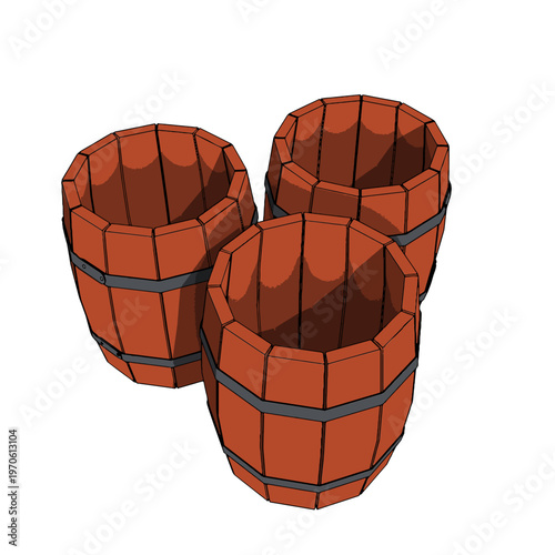 Three Wooden Old Vintage Opened Empty Barrels. Vector Illustration.