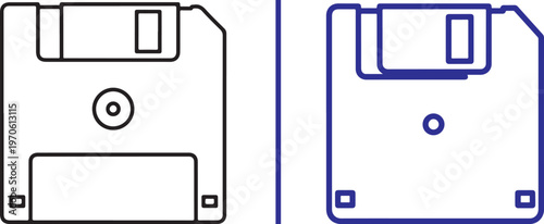 Vector graphic displaying two floppy disk outline icons: one featuring a detailed black technical line style and the other a simplified blue rounded contour, depicting retro data storage.