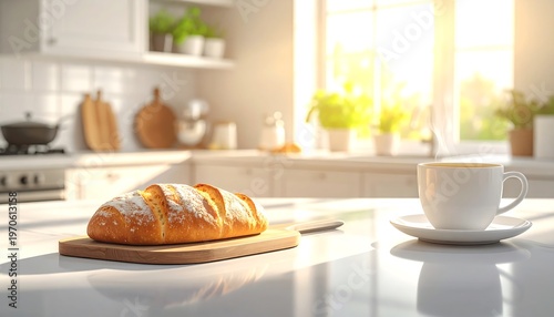A bright and welcoming kitchen counter featuring a steaming cup of coffee and freshly baked bread. Captured in beautiful morning sunlight with soft shadows