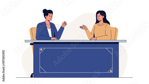 Two women in business attire discussing at a desk, modern office meeting illustration