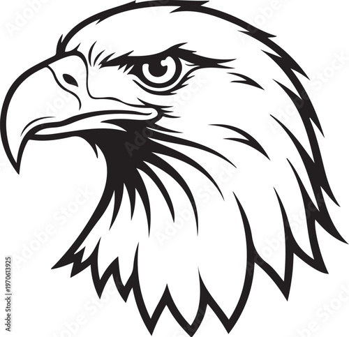 Black and white eagle head illustration with sharp gaze
