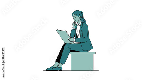 Businesswoman in suit reading a document while sitting on a stool, thoughtful pose.