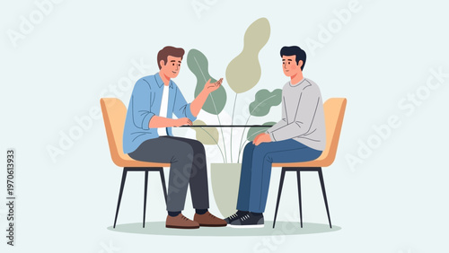 Two men talking at a table with plants, business meeting, casual conversation, illustration