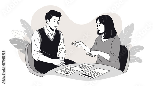 Job Interview: Man and Woman Discussing Documents at Table, Business Meeting, Office Setting