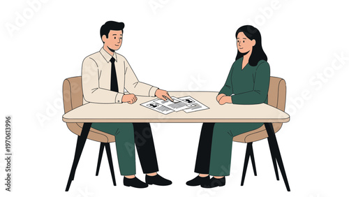 Job Interview: Man and Woman Discussing Resumes at Desk