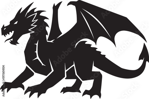 Black dragon silhouette with wings spread wide on white background