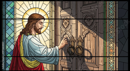 Jesus Christ standing in stained glass window holding door handle